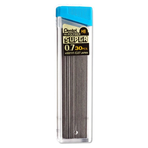 Pentel Super Hi-Polymer Lead Refills, 0.7mm, HB, Black, 30 Leads/Tube