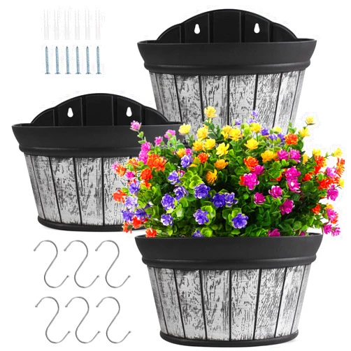 Quarut Large Wall Planter Set of 3 Pack,12 inchs Wall Hanging Planter Distressed Oak,Thickened Plastic Water Storage Flower Pots for Plants Flower Indoor Outdoor Railing Fence Decor(Silver)
