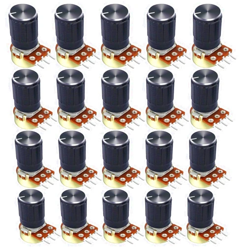 DaFuRui 10k ohm Potentiometer，20PCS B10k Rotary Potentiometer 10k Ohm Linear Potentiometer Kit 3 Terminals 20mm Shaft with Nuts, Washers and Aluminum Alloy knobs
