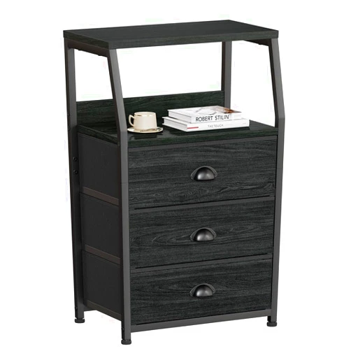 Furnulem Black Night Stand, Small Dresser for Bedroom, Nightstand with 3 Fabric Storage Drawers and 2-Tier Shelf, End Table Side Furniture for Closet, Hallway, Nursery, Sturdy Steel Frame, Wood Top