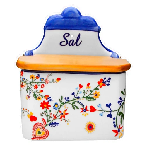 Alcoa Arte Portuguese Pottery Alcobaça Ceramic Decorative Salt Cellar with Lid for Kitchen, White, 6inch x 4inch x 6.5inch Inch (L x W x H)
