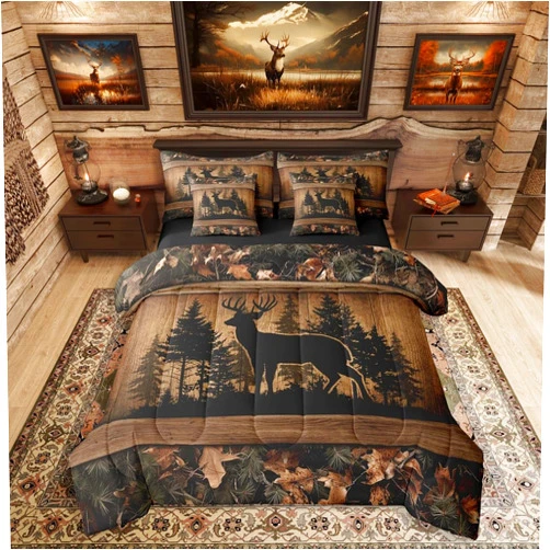 Erosebridal 7 Piece Farmhouse Deer Queen Bed in A Bag Camo Woodland Hunting Comforter Set with Sheets | for Kids Boys Teen Men,Rustic Cabin Bed in A Bag Wildlife Animal Print Bed Set Country Decor