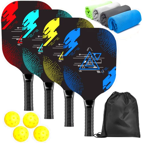 AOPOUL Pickleball Set with 4 Premium Wood Paddles, Cushion Comfort Grip, 4 Cooling Towels, 4 Pickleball Balls & Carry Bag, Gifts for Men Women
