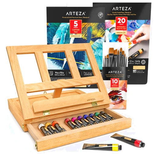 Arteza Acrylic Art Set, Includes Tabletop Easel, 12 Acrylic Paint Tubes, Palette Paper, 10 Paintbrushes, Canvas Pads & Canvas Panels, Art Supplies for Beginners and Professional Artists