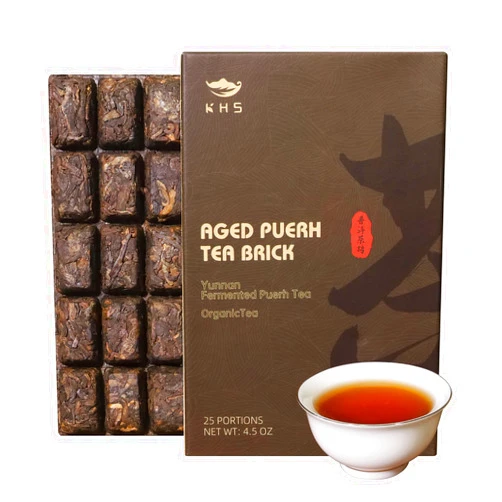 KHS Organic Ripe Pu Erh Tea Brick, 4.5 Oz USDA Certified Organic Puerh Tea Cake, No Dust Production Workshop, Aged Fermented Pu erh Yunnan Ancient Tree Pu'erh Tea Cake, Woody, Deep Earthy Flavor