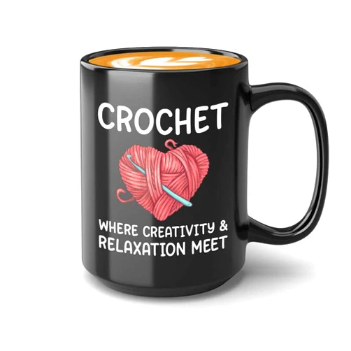 Flairy Land Crochet Coffee Mug 15oz Black - and relaxation meet - Yarn Crochet Knitting Supplies Crochet Gifts Crocheting Gifts for Knitters