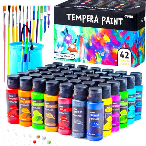 JOYIN Washable Tempera Paint Set for Kids 42PCS, Non Toxic Liquid Paint with 15 Brushes and 4 Palettes - Art Supply for Kids for Arts and Crafts Project, Finger Painting (2 oz Each)