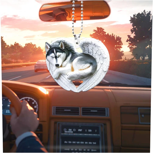 RoyKindsIII Husky Angel Wing Heart Pendant, 3.5x3.5 Inch Waterproof Ornament, Christmas Tree Decoration, Car Rearview Mirror Hanging, Husky Gifts for Women
