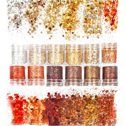 Laza Autumn Nail Glitter, 12 Colors Acrylic Nails Art Glitter Powder Sequin, Retro Copper Iridescent Flake Paillette Sparkle Tip 120g for Gel Polish, Face, Eyes, Body, Hair, Jewelry, Resin -Golden Age