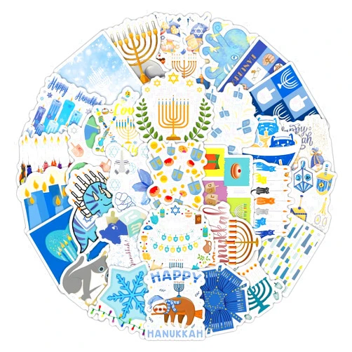 MFUXU 50PCS Hanukkah Stickers: Happy Hanukkah Kids Decals for Dreidels, Menorah, Candles, Party Games, Toys, Chanukah Gifts, Scrapbooking, DIY Crafts