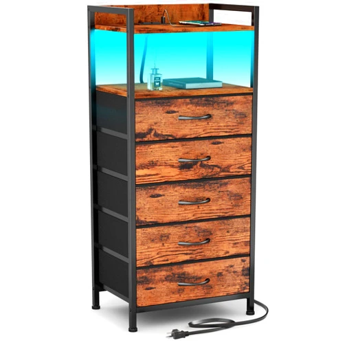 Furnulem 5 Drawer Dresser for Bedroom, Tall Nightstand with Led Light and Charging Station, Small Night Stand Bedside Table, Fabric Bins, Metal Frame, Wood Shelf, Side Furniture(Rustic Brown)