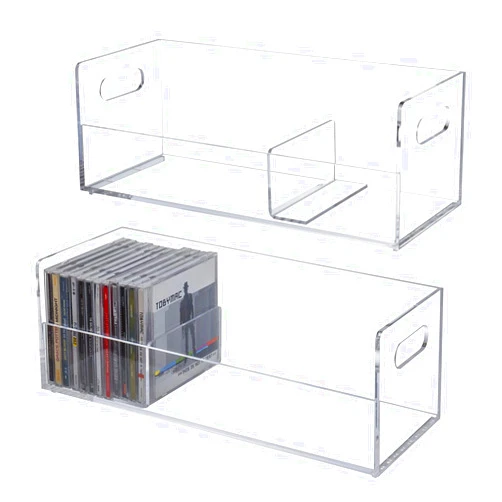 MyGift Modern Premium Clear Acrylic Stackable CD Holder Racks with Cutout Carrying Handles, Compact Disc Jewel Case Display Crates, Media Storage Organizers, Set of 2
