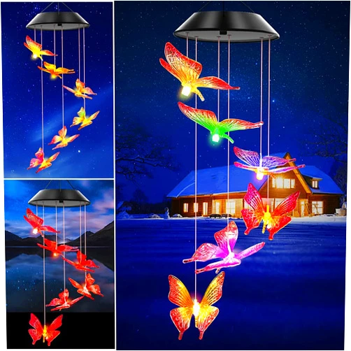 Wlevzzor Solar Wind Chime,Wind Chimes Changing Color LED Light Indoor Outdoor Patio Lawn Gardening Gifts Festival Decor for Women Mother Wife Girlfriend Birthday Valentine Gifts (Colorful Butterfly)