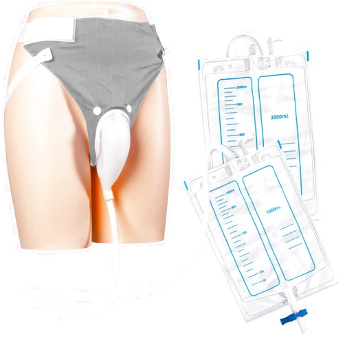 Opstra Yee Wearable Urine Collector Set with Silicone Catching Capsule, 1.2M Flexible Catheter, Comfortable Cotton Pants, 1000ml & 2000ml Collection Bags for Elderly Men Grey