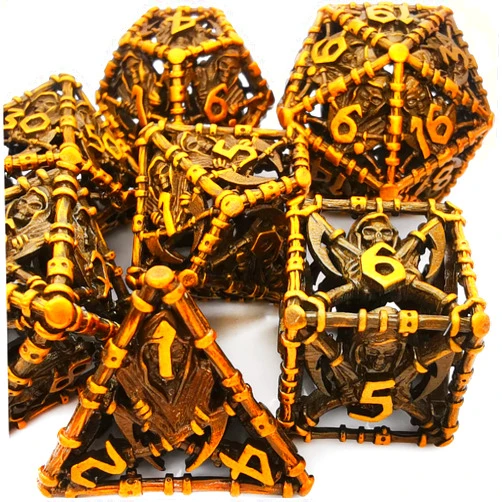 HAOMEJA Hollow Metal Dice Grim Reaper Dice Set Dungeons and Dragons Dice DND Dice D&D Set Polyhedral Dice Apply to Pathfinder MTG Board Games Roll Playing Dice D20 D12 D10 D8 D6 D4 (Ancient Brass)
