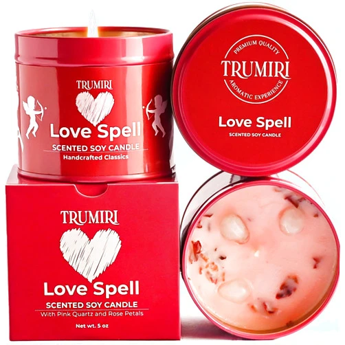 TRUMIRI Love Spell - Scented Candles for Women & Men with Rose Petals and Crystals - 5oz Soy Clean Organic Non Toxic - Velas Aromáticas - Aromatherapy Spa Valentines Gift Home Décor Aesthetic Candel