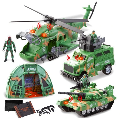 JOYIN Military Reconnaissance Vehicle Toy Set of Friction Powered Helicopter, Tank, Armored Car with Light and Sound, Motorcycle, Camp and Army Figures, Realistic Military Vehicle Playset for Kids