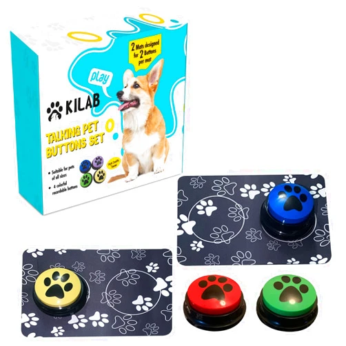 Kilab Talking Dog Buttons– Pack of 4 Recordable Dog Communication Buttons with 2 Mats | Talking Buttons for Dogs & Cats | Talking Dog Button for Communication with 30 Stickers (4 Pack)