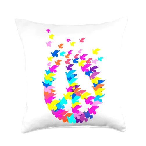 Peace, Butterfly & Hippy Design Peace Sign Doves Love Retro 60s 70s Hippie Trippy Bright Throw Pillow, 18x18, Multicolor