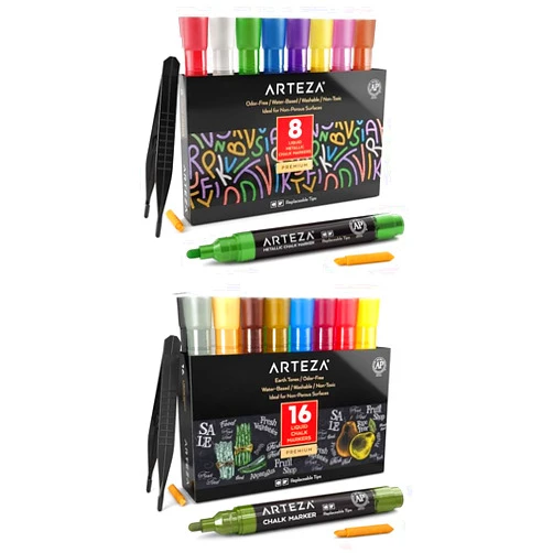 ARTEZA Liquid Chalk Markers Set of 8, Metallic Colors for Chalkboard and Pastel Liquid Chalk Markers Set of 16 with 16 Replaceable Chisel Tips