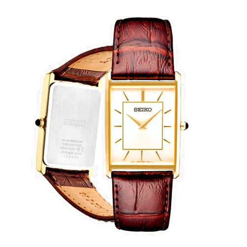 SEIKO Essentials Watch for Men - Essentials - Water Resistant with Stainless Steel Rectangular Case and Leather Strap