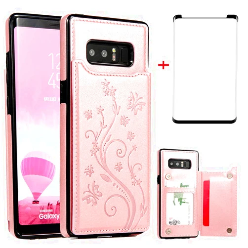 Asuwish Phone Case for Samsung Galaxy Note 8 with Tempered Glass Screen Protector and Card Holder Wallet Cover Stand Flip Leather Cell Accessories Glaxay Note8 Not S8 Galaxies Gaxaly Cases Women Rose Gold