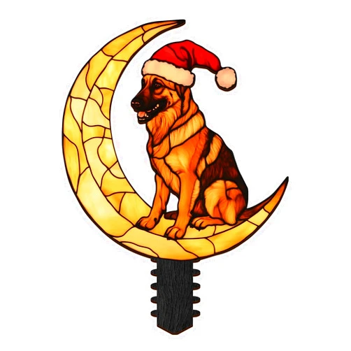 THUYPT 2D Flat Dog Tree Topper, Printed Wooden Dog Christmas with Santa Hat and Moon, Holiday Seasonal Tree Décor for Home (German Shepherd)