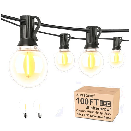 SUNSGNE 100Ft LED Outdoor String Lights G40 Globe String Lights Waterproof Shatterproof with 52 Dimmable LED Bulbs, Connectable Hanging Patio String Lights for Room Party Bistro Pergola Tents, Black