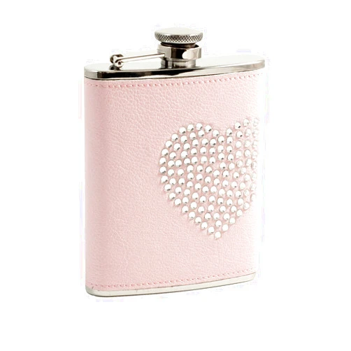 Bey-Berk Pink 6 oz Leatherette Flask with Reign Stone Heart Design, One Size