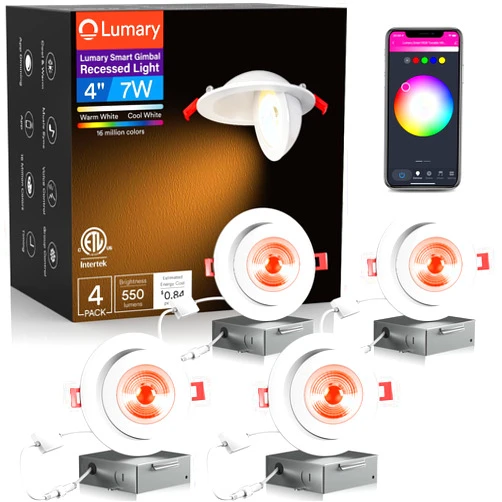 Lumary 4 Inch Gimbal Smart Wifi Recessed Lights, 7w 550lm Soffit Lights Outdoor LED Exterior, Eyeball Color Changing Lighting Work with Alexa, Google Assistant 4 Pack