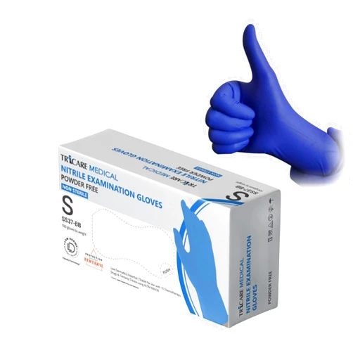 TRICARE MEDICAL Low Derma Nitrile Exam Gloves, Blue, Small, 4.7 mil, Medium duty, Latex-free, Powder-free, Chemo Drug Tested, Box of 100
