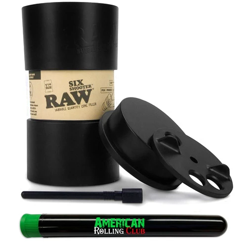 Roll With Us Depot RAW Six Shooter | 1-1/4 Size | Loader/Filler for PreRolled Cones Includes Six ARC Saver Tubes