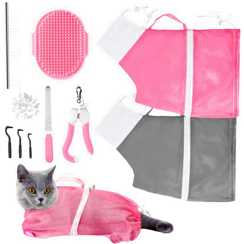 JULMELON Cat Washing Bag 10 PCS Set, Adjustable Cat Shower Net Bag and Pet Grooming Brush with Nail Clipper Nail File Hair Combs Tick Tool Nail Caps for Bathing Nail Trimming Examination(Pink+Grey)