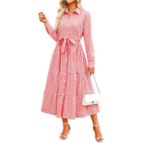 ebossy Women's Vintage Plaid Shirt Dress Casual Long Sleeve Flowy A Line Tiered Ruffles Belted Dress with Pockets