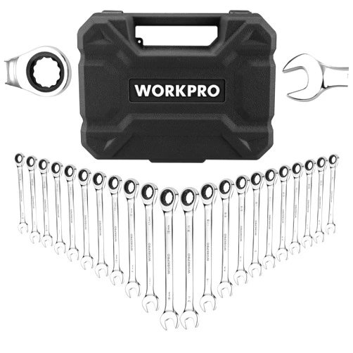 WORKPRO 22-Piece Ratcheting Combination Wrench Set, 72 Teeth, Combo Ratchet Wrenches Set with Organizer Box, Metric 6-18mm & SAE 1/4-3/4
