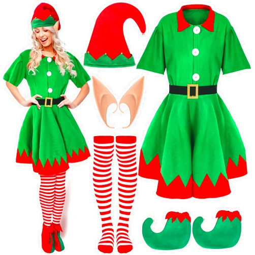 Hoosige 6 Pcs Women Christmas Elf Costume Set Costume Dress Xmas Festive Outfit with Elf Ears Hat Shoes Belt Striped Socks