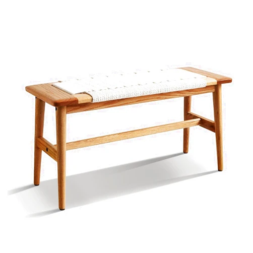 Tinblin Solid Oak Wood Bench with Handwoven Cotton Rope Seat, Rattan Bench for Entryway, Narrow Wooden Dining or Bedroom Bench, Small Skinny Woven Entry Bench for Home Décor (White)
