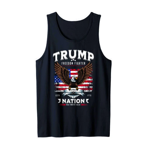 BizzyflyUSA Freedom Fighter Trump Patriotic Eagle USA Flag Tank Top