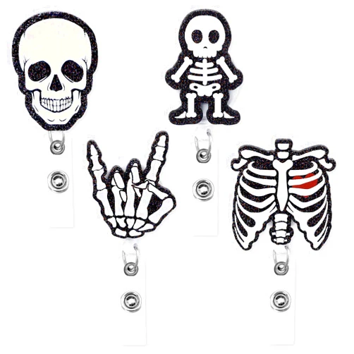 Xylolfsty Xray Badge Reels 4PCS Acrylic Skeleton Retractable Badge Holder with Alligator Clip Glitter Rib Skull Patterns ID Badge Clips for Rad Tech Nurse Doctor Student Halloween Christmas Gift Idea