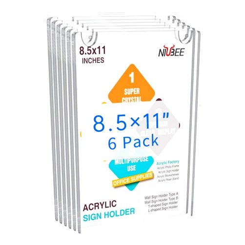NIUBEE 6 Pack Acrylic Wall Sign Holder 8.5x11 Vertical, Clear Plastic Picture Frame, Wall Mounted Design, Support No Drilling(Provide 3M Tape and Screws)