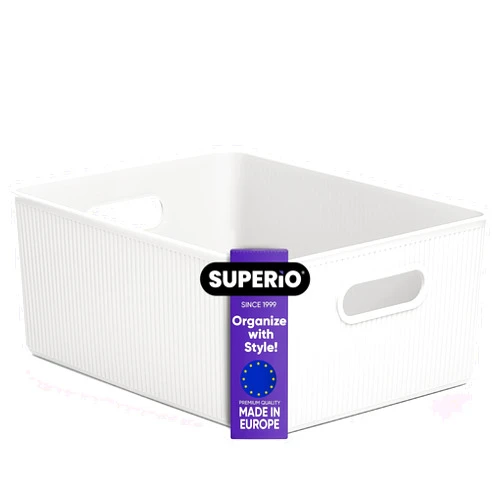 Superio Ribbed Collection - Decorative Plastic Open Home Storage Bins Organizer Baskets, Large White (1 Pack) Container Boxes for Organizing Closet Shelves Drawer Shelf 15 Liter/16 Quart