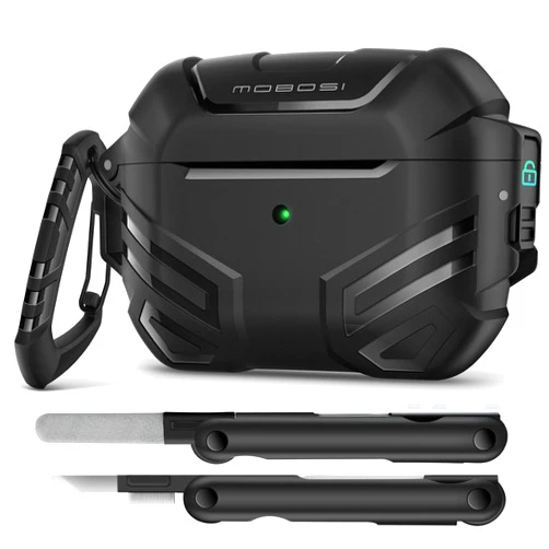 MOBOSI for AirPods Pro 2 Case Cover with Lock, Compatible with Airpod Pro Case 2nd/1st Gen with Cleaner Kit & Keychain, Military Grade Shockproof Protective Case for Men(2023/2022/2019), Black