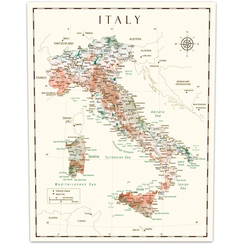 Wallbuddy Italy Detailed Map Wall Art - Vintage Map of Italy, Italian Wall Decor, Italy Painting Themed Poster for Home Decor and Office Decor Unique Travel Art Print Room Decor Print (8x10)