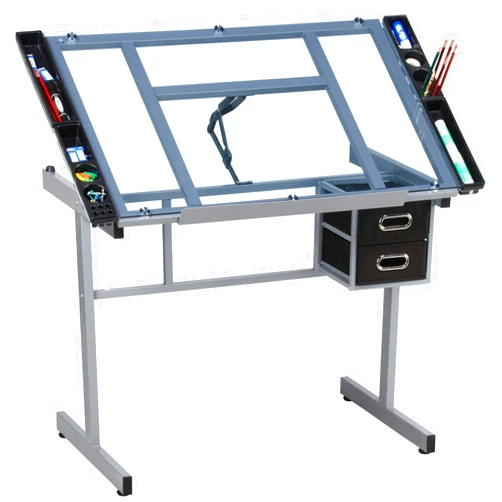 Yaheetech Drawing Desk Adjustable Glass Drafting Study Table for Diamond/Versatile Art Craft Station w/ 2 Slide Rolling Wheels and Drawers for Artist Painters Home Office