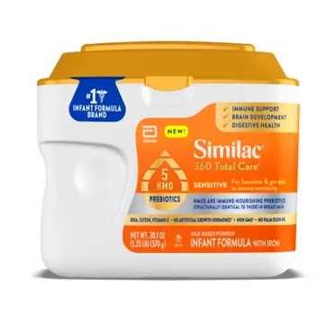 Similac 360 Total Care Sensitive Infant Formula, with 5 HMO Prebiotics, for Fussiness & Gas Due to Lactose Sensitivity, Non-GMO, Baby Formula Powder, Unflavored, 20.1 Oz