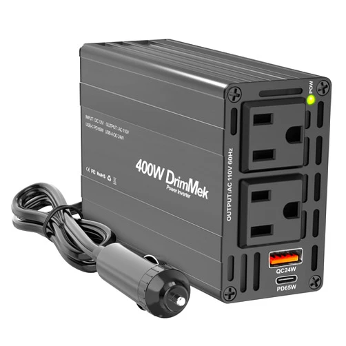 DrimMek 400W Car Power Inverter - Dual DC 12V to 110V AC Car Plug Adapter Outlets, Fast Charging USB C 65W & 24W Port, Power Inverters for Vehicles, Laptop Car Charger, Road Trips