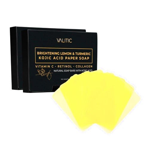 VALITIC Brightening Lemon Turmeric Kojic Acid Paper Soap - Vitamin C, Retinol, Collagen - Original Japanese Complex - Hyaluronic Acid, Vitamin E, Shea Butter, Castile Olive Oil - 2 Pack