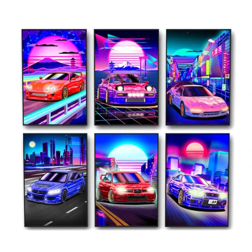 Corato JDM Poster Wall Art,Japanese Vintage Racing Car Prints For Men Cave,Retro Street Car Paintings For Boys Bedroom,8x12 Inch,Unframe,Set Of 6