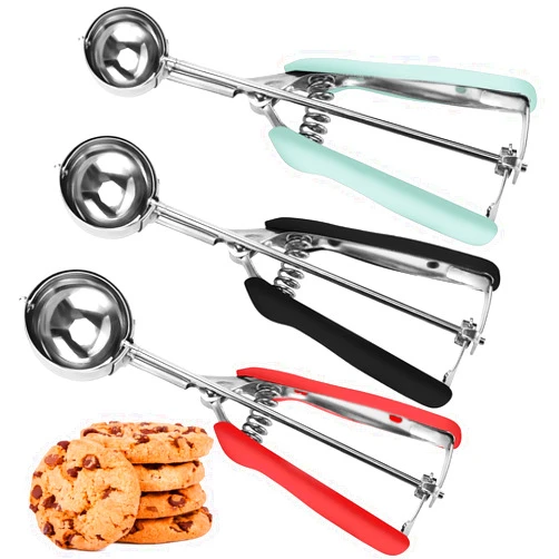 JUNADAEL J Cookie Scoop Set, Cookie Scoops for Baking Set of 3, Cookie Dough Scoop, 1 Tablespoon/ 2 Tablespoon/ 3 Tablespoon, Red/Black/Mint Handle, For Cookie Cupcake Muffin Ice Cream Truffles