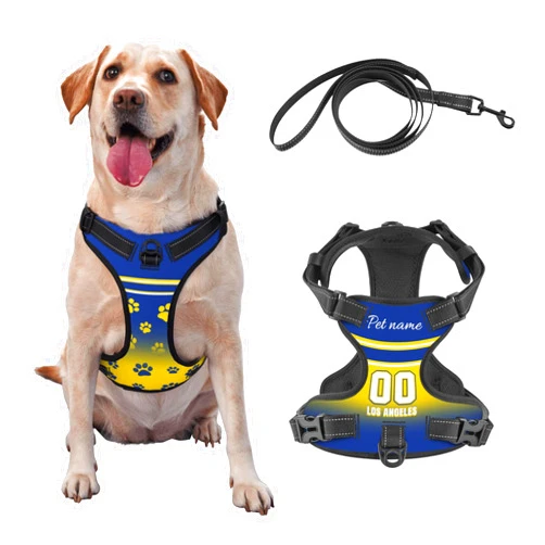 Cokpet Personalized Los Angeles Dog Harness with Reflective Stripes Custom Name and Number Dog Vest Harness with Pet Traction Rope for Small Medium Large Dog